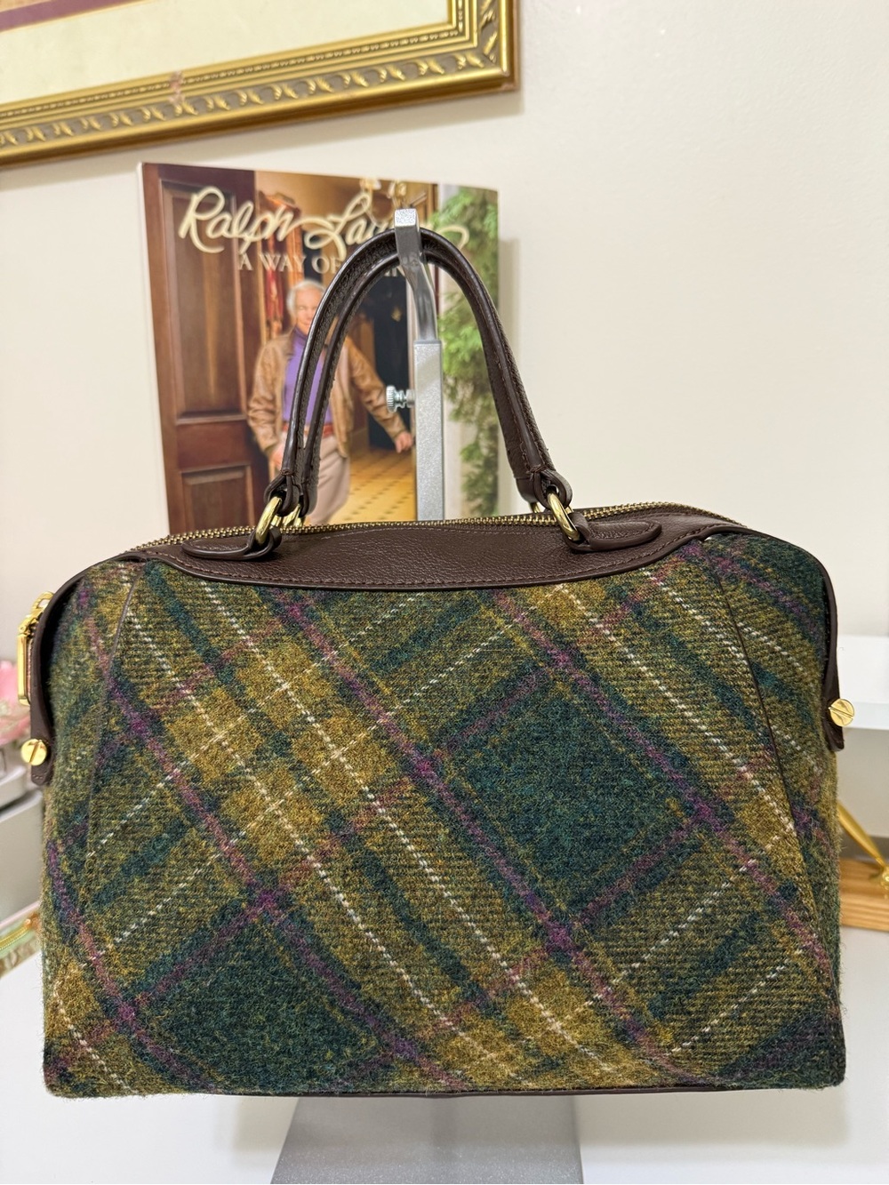 Talbots Tweed Top-Handle Satchel Bag in Olive Plaid